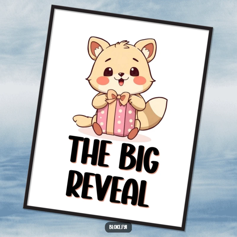 Funny digital art print of a bloke animal character with a shocked and delighted expression, excitedly unwrapping a present, perfect for joyful decor.