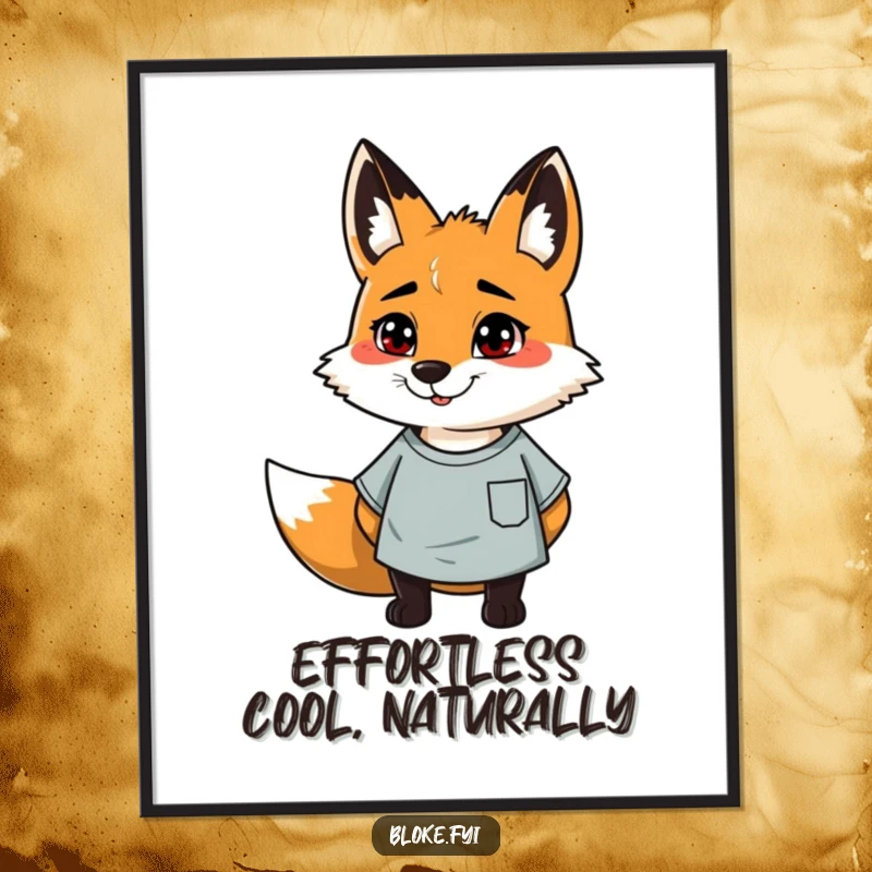 Funny digital art of a cheerful, slightly scruffy fox in a casual t-shirt, perfect for printable wall decor.