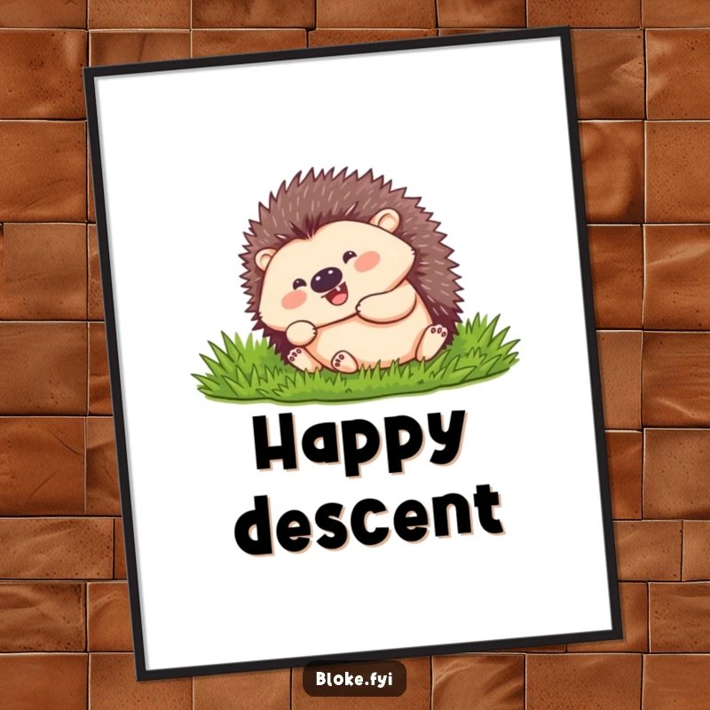 Funny hedgehog with a happy expression, curled and rolling downhill, as a downloadable digital art print.