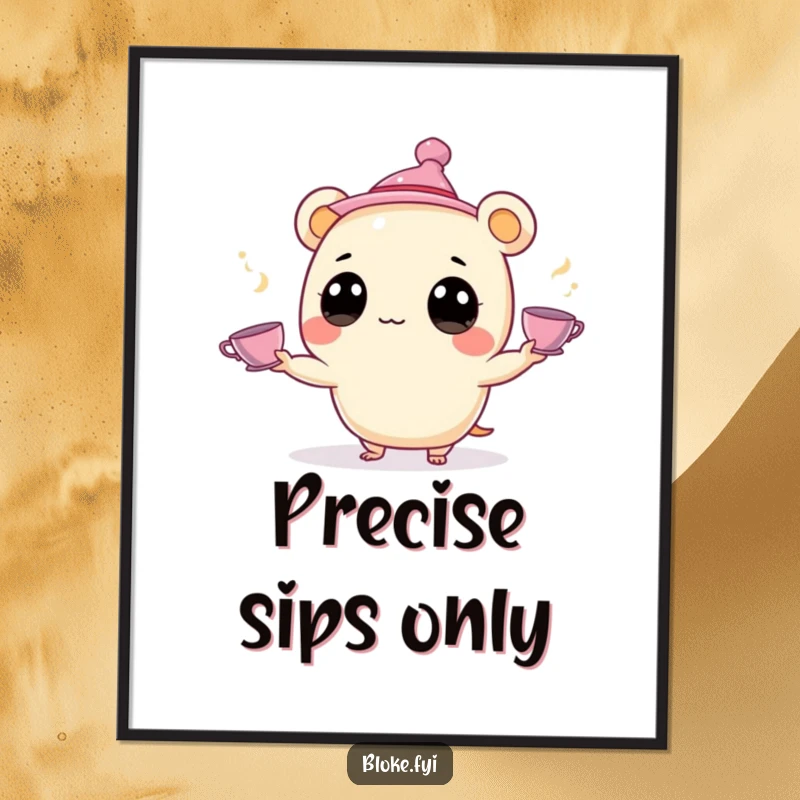 Funny Digital Art Print: A small, round creature juggles teacups, creating a humorous and whimsical piece of art.