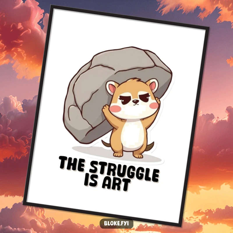 Funny Digital Art Print of a cute animal with a furrowed brow straining to lift a giant boulder.