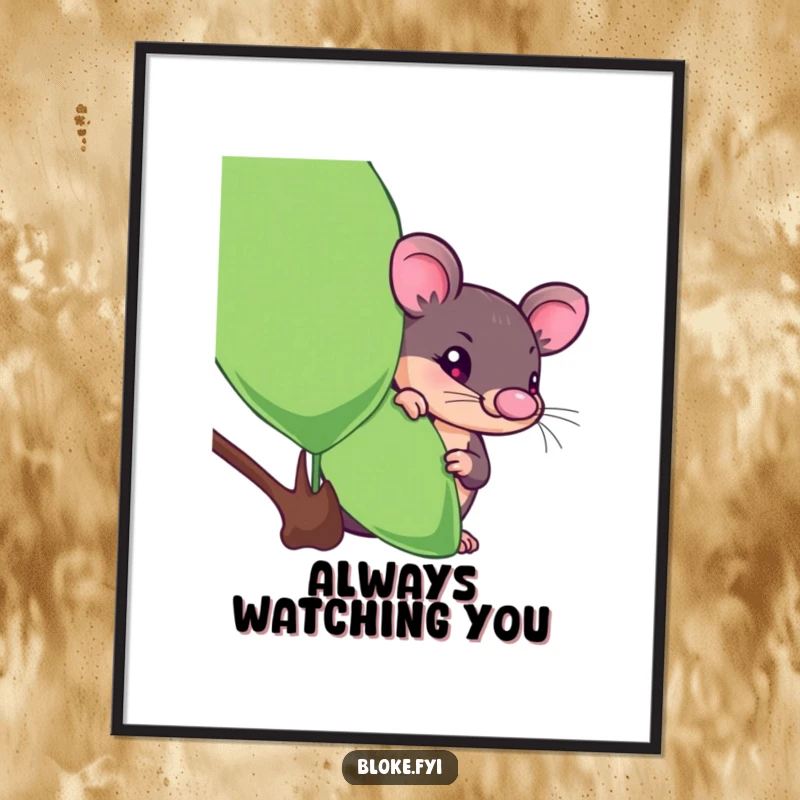 Funny platypus digital art print of a curious creature peeking from behind a eucalyptus leaf, instant download for humor.