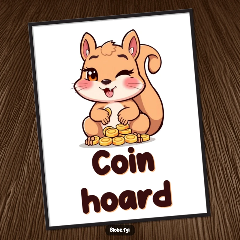 Funny squirrel winking with a sly expression, counting shiny coins, as a downloadable digital art print.
