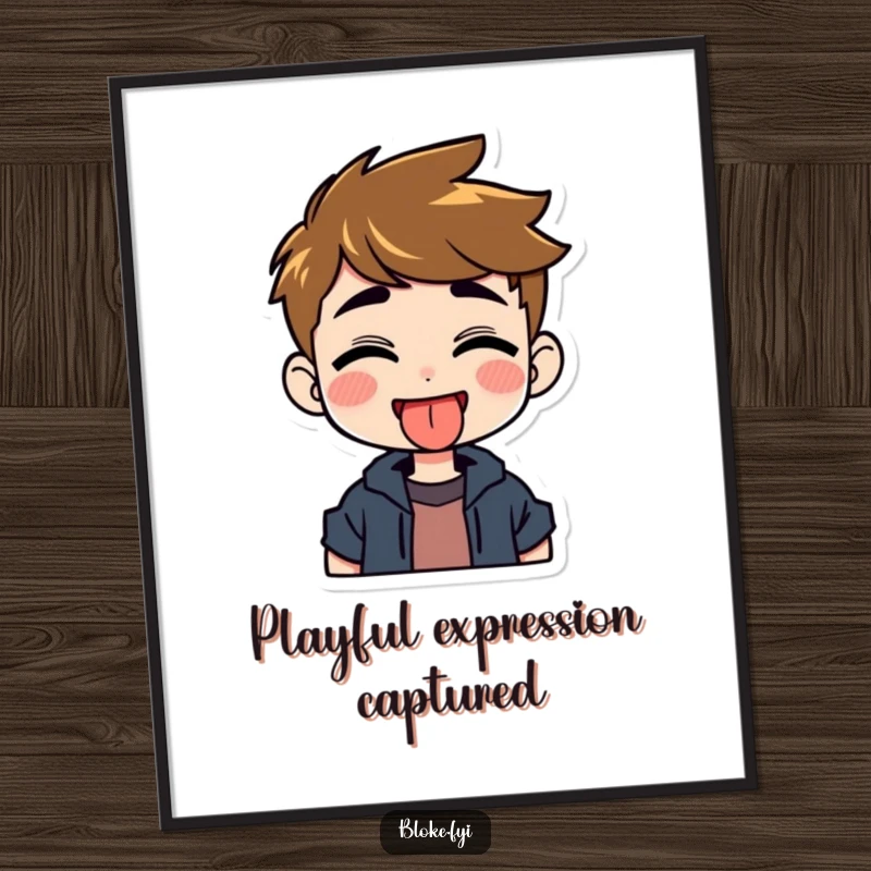 Funny digital art print of a grinning guy character playfully sticking out his tongue, adding a mischievous and humorous vibe.