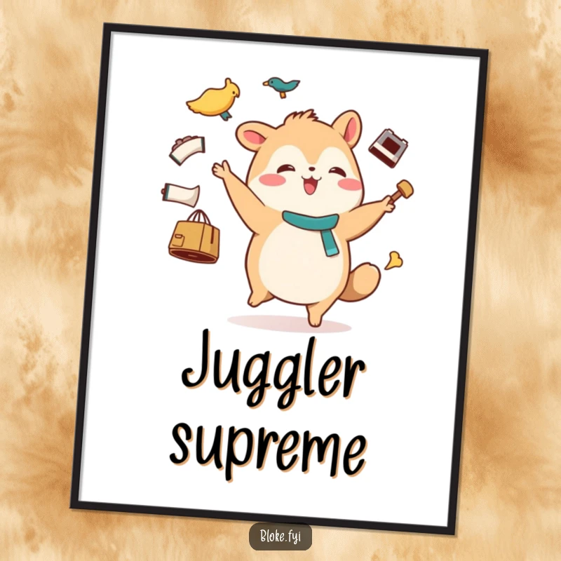 Funny digital art print of a stout animal character with a happy waddle, comically juggling mismatched items, ideal for instant cheerful decor.