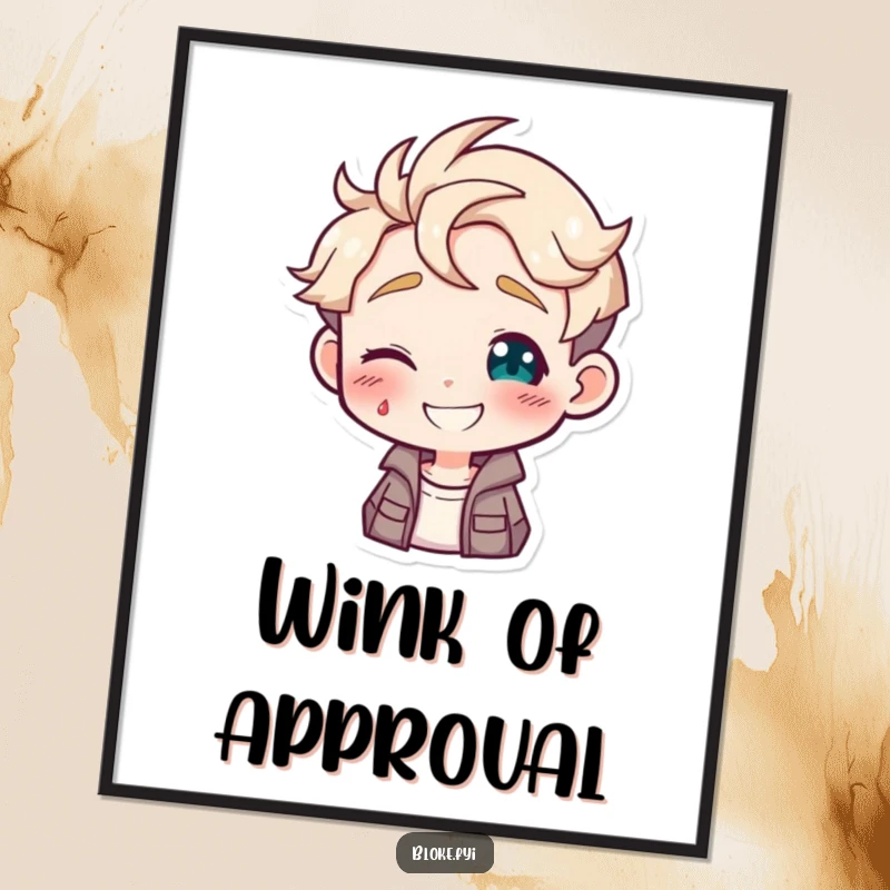 Funny digital art print of a guy character giving a warm, playful wink, adding a touch of charm.