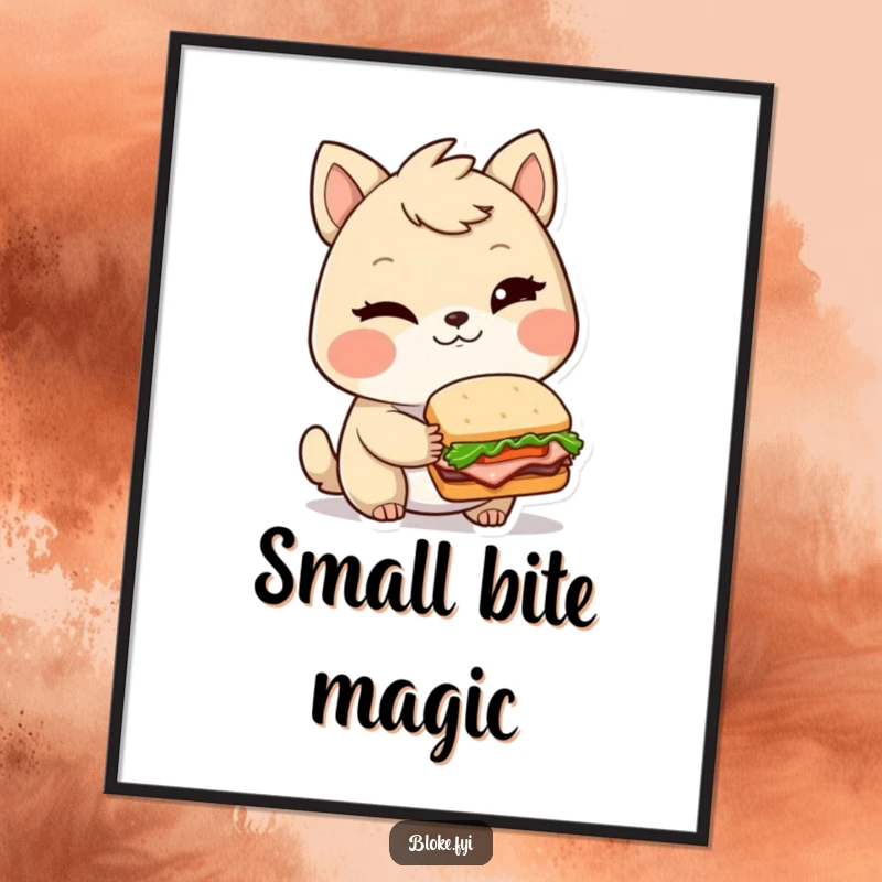 Funny digital art print of a winking bloke animal character holding a very small, elaborate sandwich, offering instant wall humor.