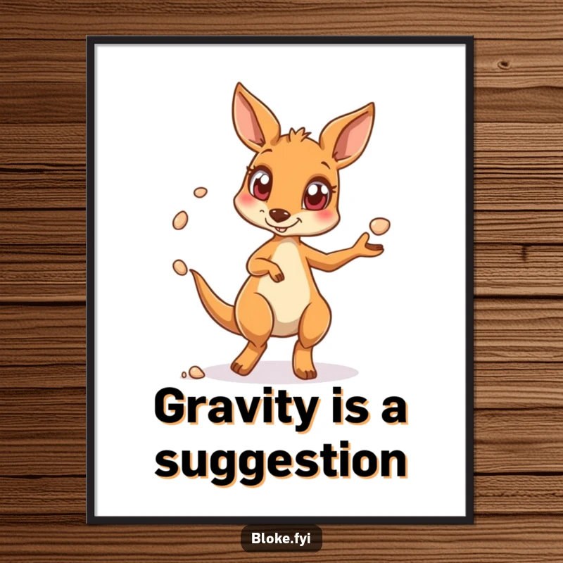 Funny kangaroo digital art print of a wide-eyed kangaroo juggling pebbles, ready for instant download and humorous display.