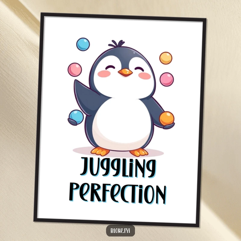 Funny Digital Art Print of a happy, pudgy penguin character skillfully juggling three small, round objects.