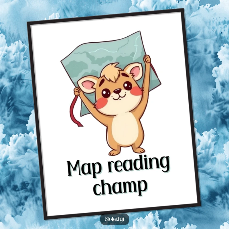 Funny digital art print of a confused bloke animal character holding a map upside down, offering instant wall humor.