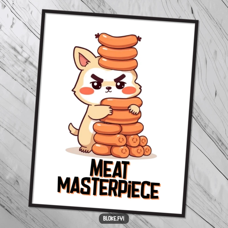 Funny digital art print of a determined bloke animal character building a tall tower of sausages, offering instant wall humor.