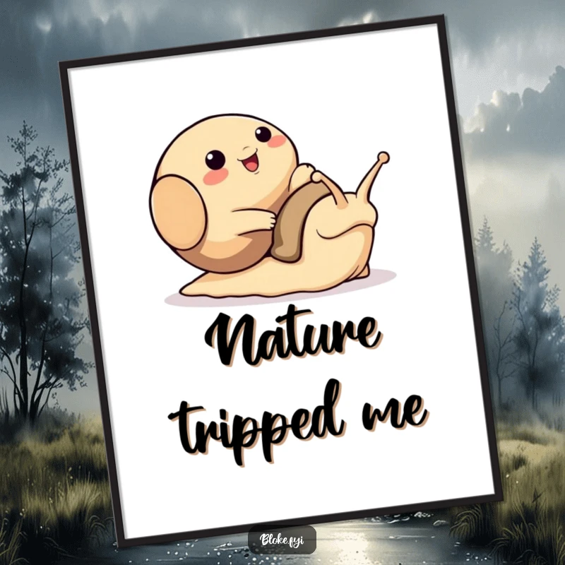 Funny digital art print of a bloke animal character comically tripping over a large, friendly snail, offering instant wall humor.