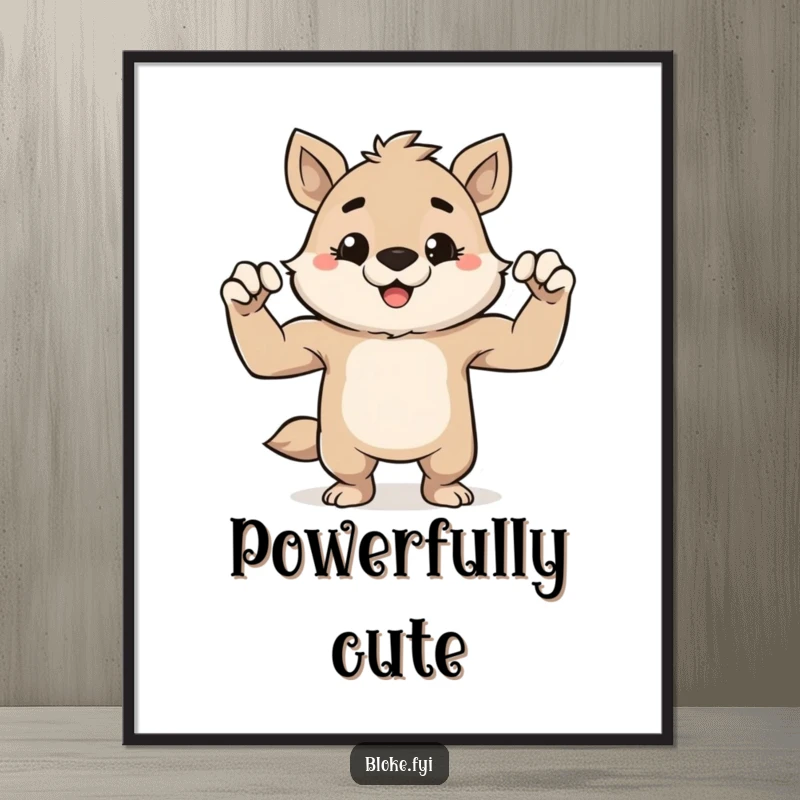 Funny digital art print of a cute, stout animal character grinning mischievously and flexing its tiny muscles, symbolizing playful strength.