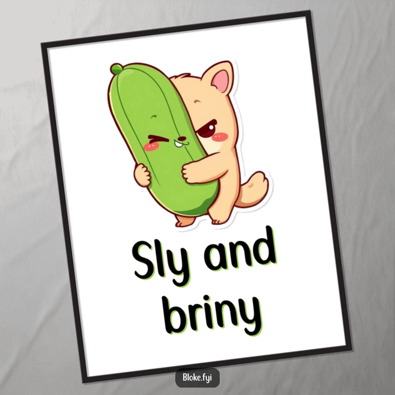 Funny bloke animal character digital art print with a sly wink and holding a giant pickle, ideal for instant download and humorous display.