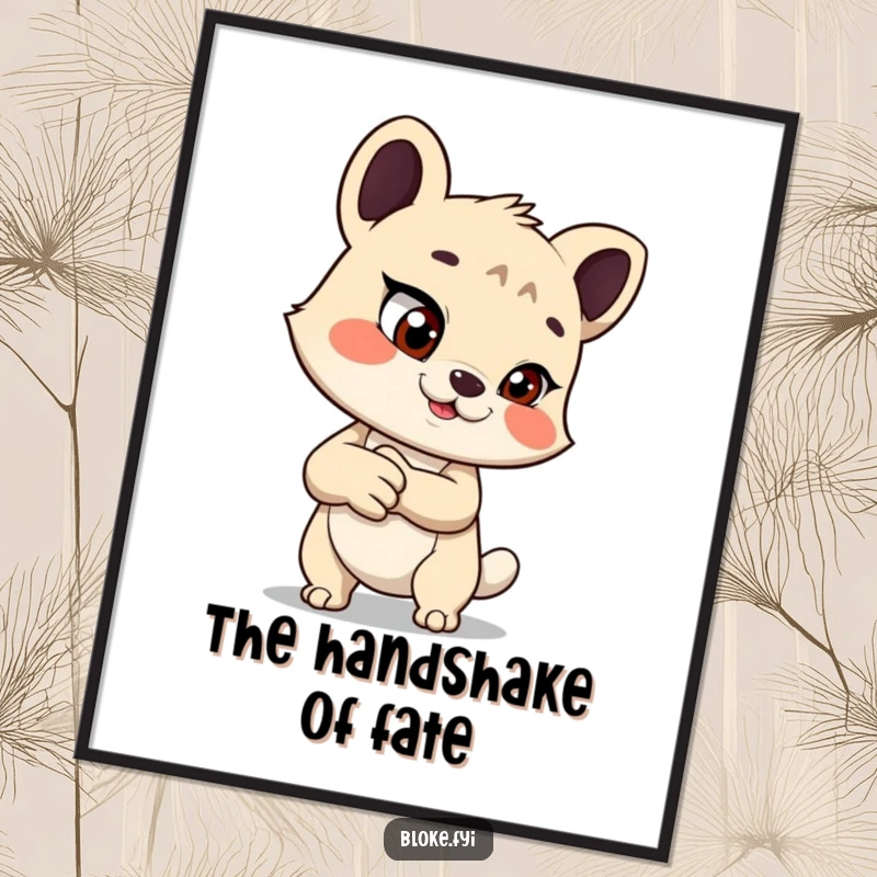 Funny digital art print of an animal offering a handshake with a mischievous glint, perfect for humorous decor.