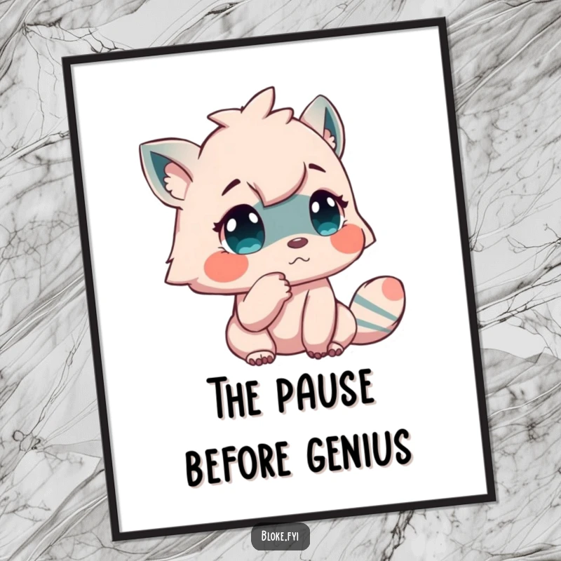 Funny digital art print of a creature tapping its chin in contemplation, perfect for adding humorous and thoughtful decor.