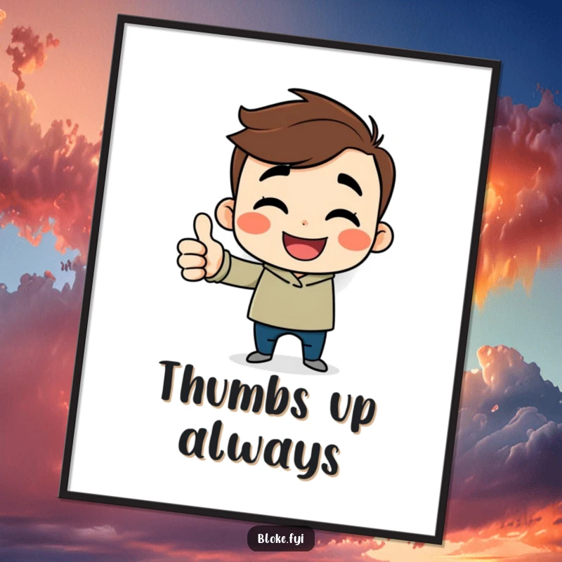 Funny cartoon guy digital art print of a cheerful character giving a thumbs up, offering instant positivity.