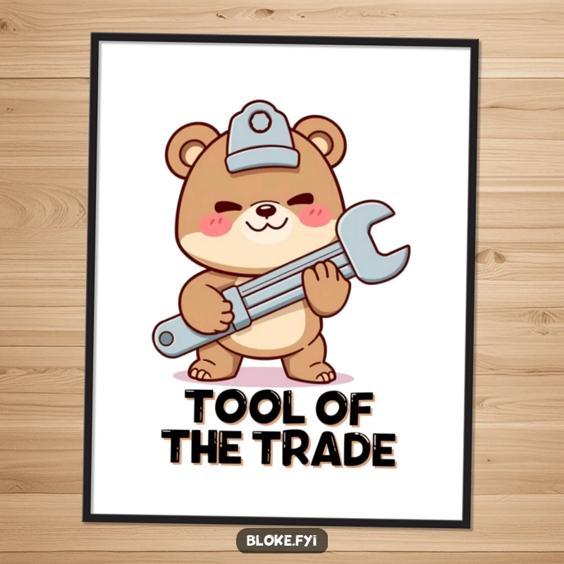 Funny digital art print of a mischievous bear character offering a giant wrench, perfect for instant mechanic or workshop decor.