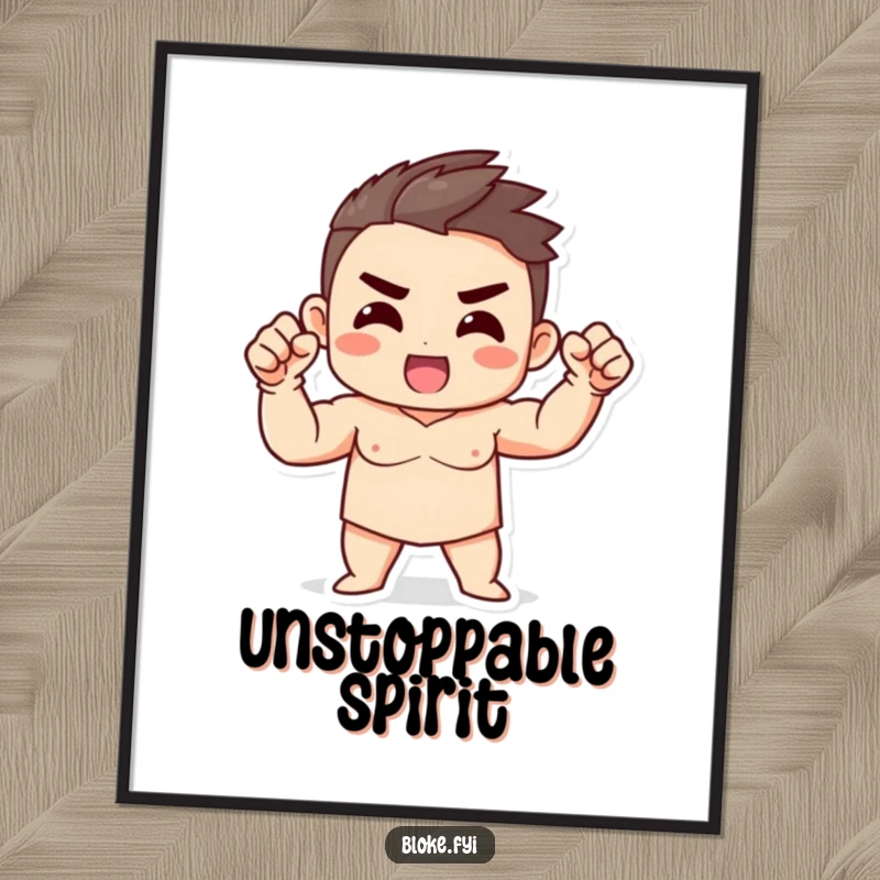 Funny Strong Character Digital Art Print showing a character with a strong build, enthusiastically gesturing with a fist, symbolizing motivation.