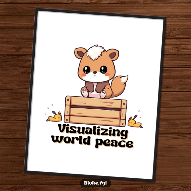 Funny digital art print of a stylized animal on a wooden crate, deep in thought, perfect for humorous home decor.