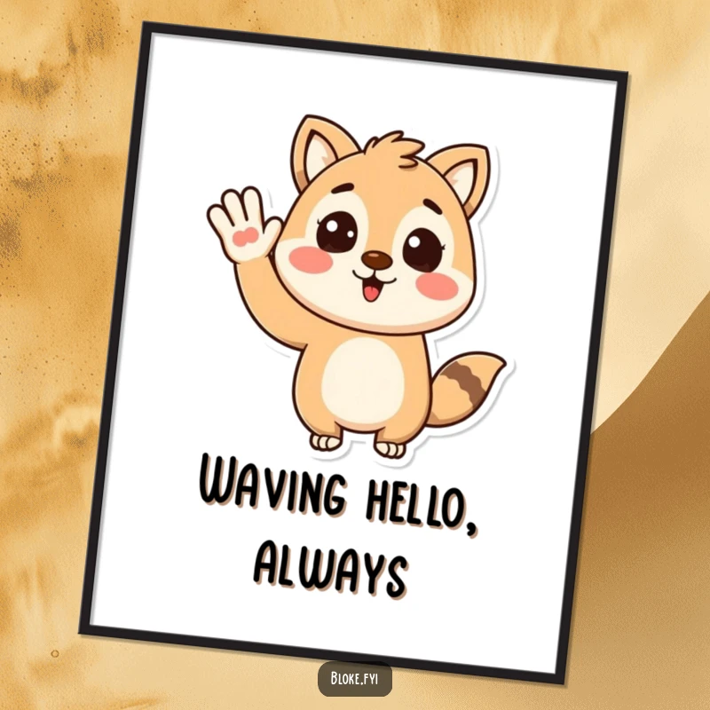 Funny digital art print of a stylized animal character giving an enthusiastic wave, perfect for adding cheerful and humorous wall decor.