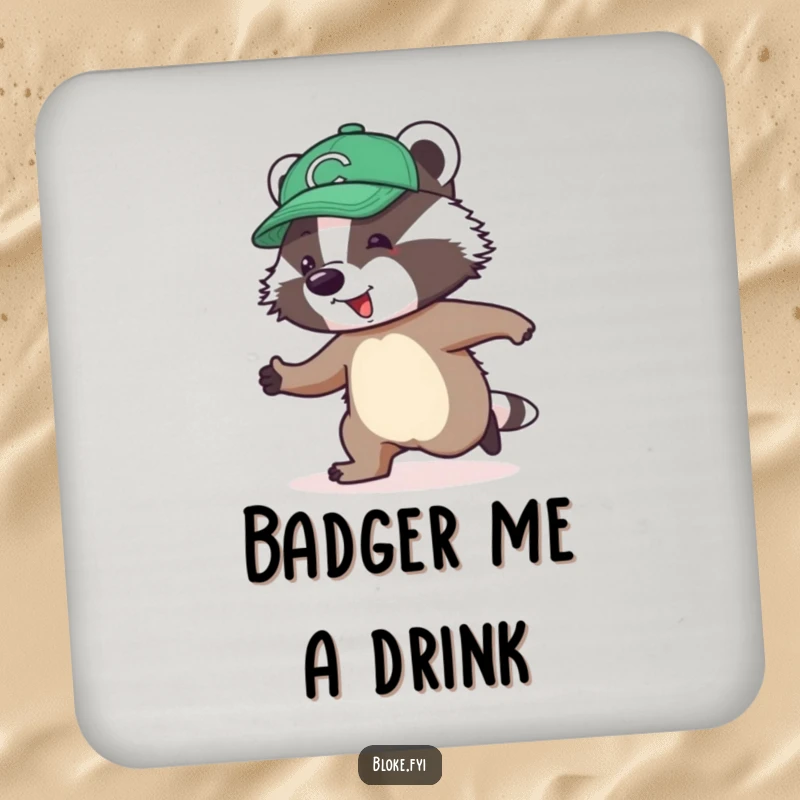 Funny Coasters featuring a jolly badger in a cap awkwardly skipping, humorously protecting your surfaces.