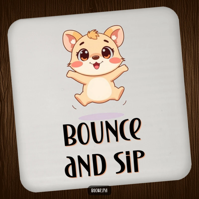 Funny drink coasters featuring a playful animal attempting a clumsy jump with wide, excited eyes, adding fun to tables.