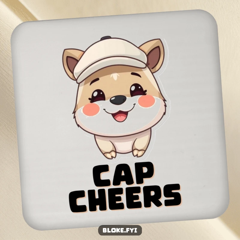 Funny drink coaster featuring a cute animal wearing a flat cap and grinning broadly, perfect for adding cheer to any surface.