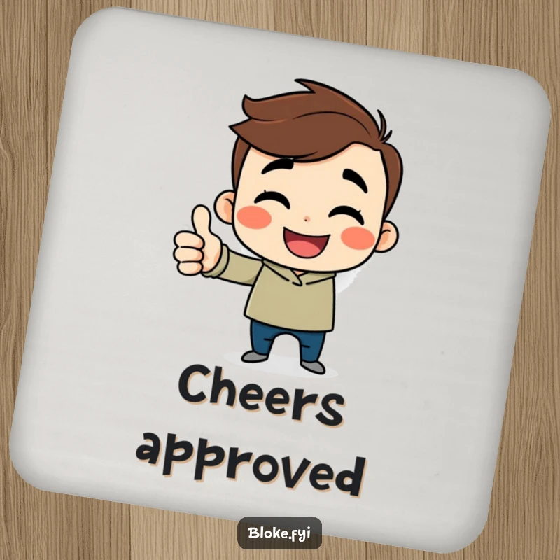Funny cartoon guy coaster with a cheerful character, sideways smile, and a thumbs up, protecting surfaces with fun.