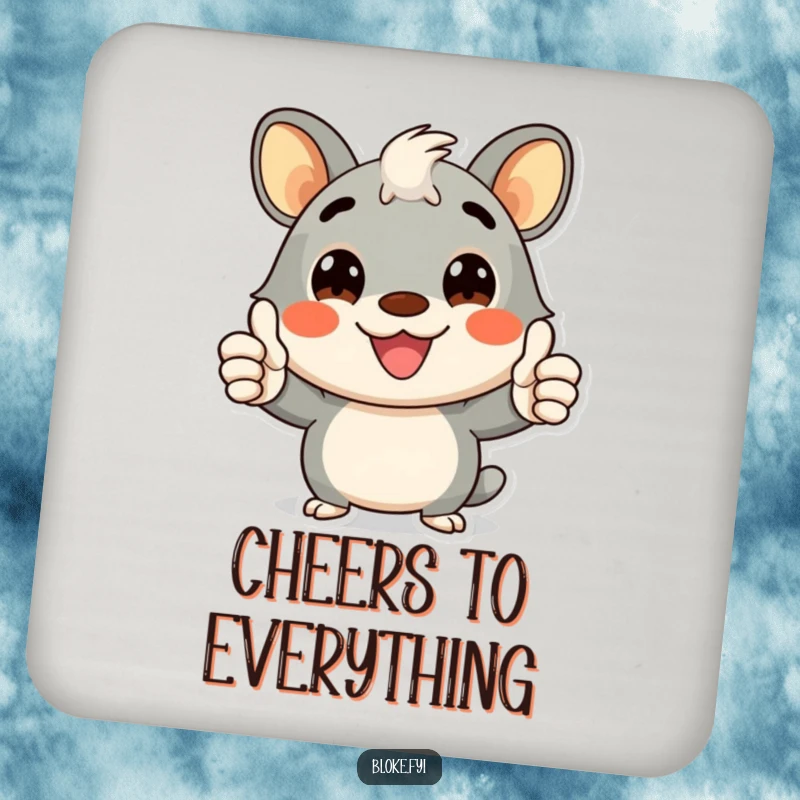 Funny drink coasters with a cheerful bloke animal character giving a double thumbs-up with a wide smile, adding humor.