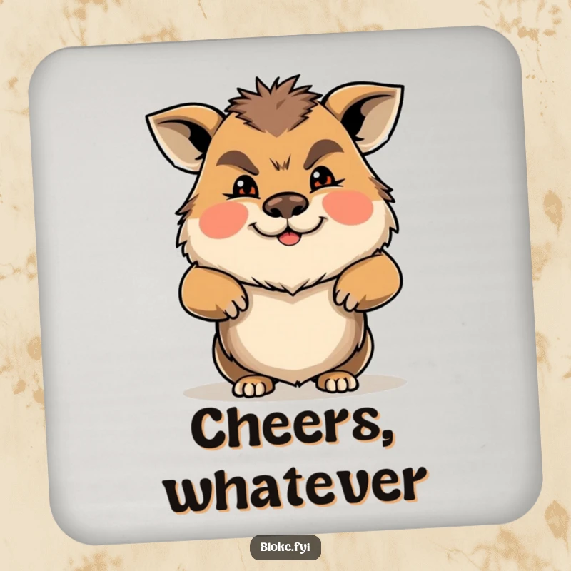Funny Gruff Animal Coaster featuring a character shrugging with a friendly, gruff expression, protecting surfaces with humor.
