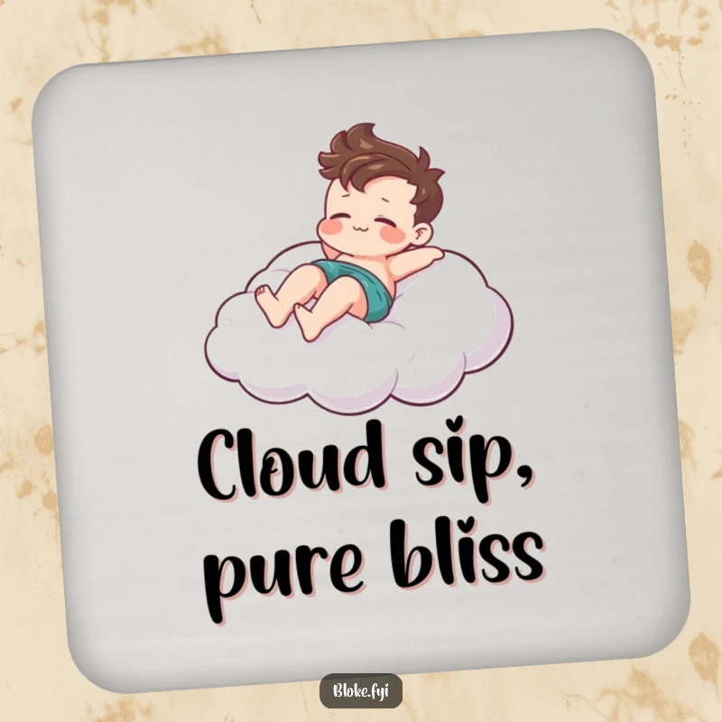 Funny drink coaster featuring a relaxed bloke character lounging on a stylized cloud, adding a peaceful flair to any table.