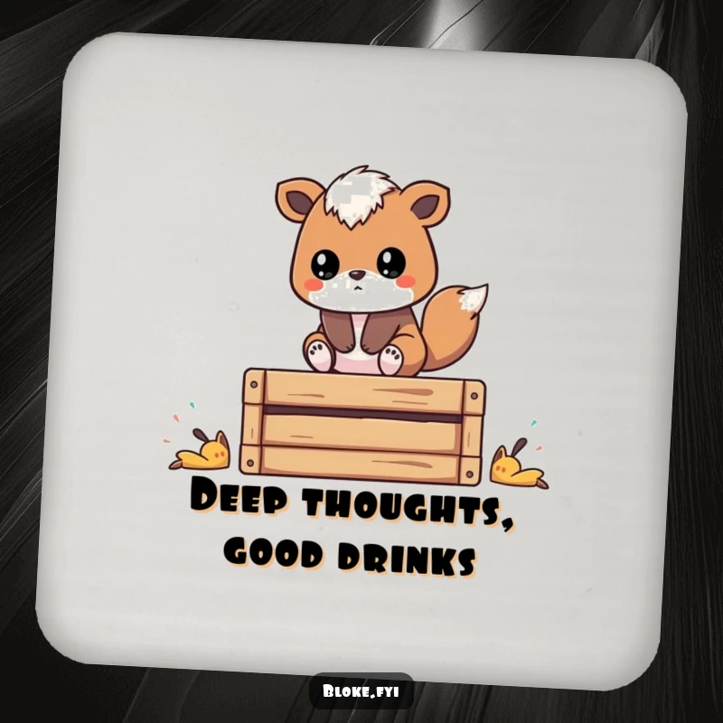 Funny drink coaster with a stylized animal on a wooden crate, looking thoughtful, adding a humorous touch to any drink setting.