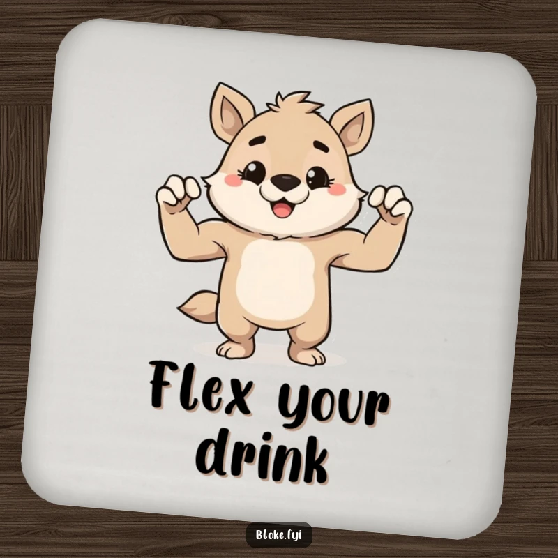 Funny drink coasters featuring a cute, stout animal character grinning mischievously and flexing its tiny muscles, perfect for adding charm.