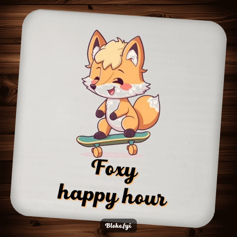 Funny Coasters featuring a smiling fox with tousled fur attempting to skateboard, humorously protecting your surfaces.