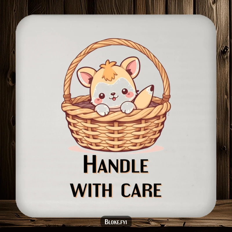 Funny drink coaster with a playful animal character comically stuck inside a woven basket, protecting surfaces with charm.