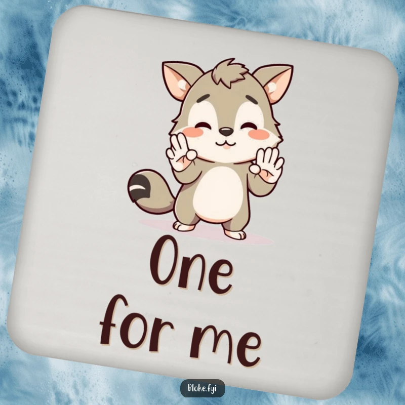 Funny drink coaster with a bloke animal character awkwardly attempting to high-five an invisible friend, adding humor to any table.