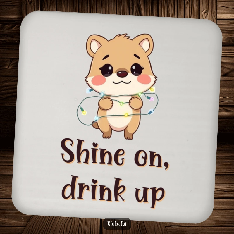Funny drink coaster with a bewildered bloke animal character hilariously tangled in fairy lights, a humorous addition to any tabletop.