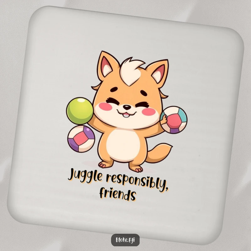 Funny drink coasters with a mischievous bloke animal character juggling colorful balls, adding a touch of humor.