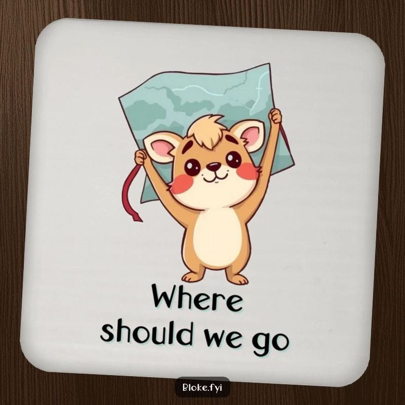 Funny drink coaster featuring a confused bloke animal character holding a map upside down, perfect for protecting surfaces humorously.