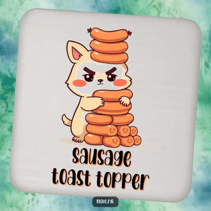 Funny drink coaster featuring a determined bloke animal character building a tower of sausages, perfect for protecting surfaces humorously.