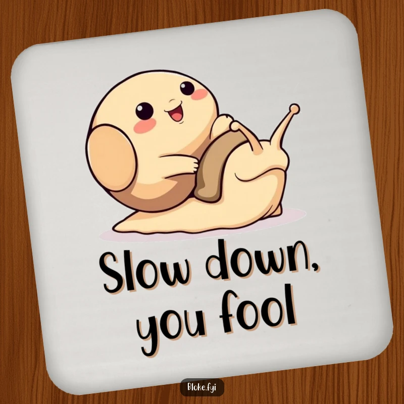 Funny drink coaster featuring a bloke animal character comically tripping over a large, friendly snail, perfect for protecting surfaces humorously.