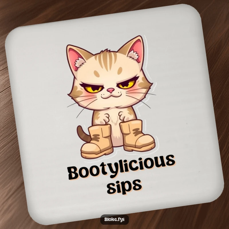 Funny cat with a goofy expression wearing large boots, designed on a drink coaster.