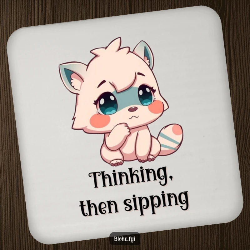 Funny drink coaster featuring a creature tapping its chin thoughtfully, adding a humorous and contemplative touch to any drink setting.
