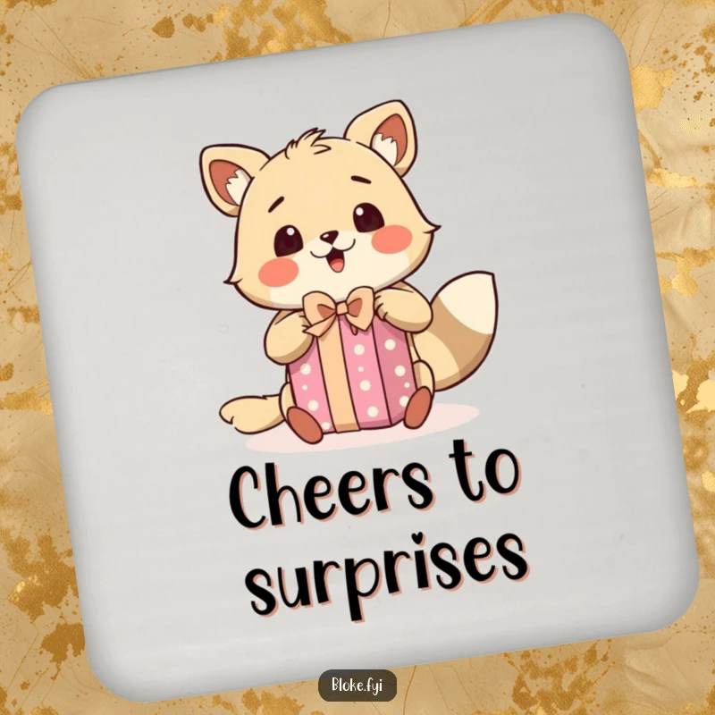 Funny drink coaster with a bloke animal character showing a surprised expression while excitedly unwrapping a present, adding festive fun.