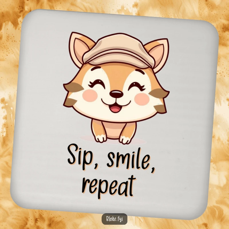 Funny drink coaster featuring a cute animal character wearing a flat cap and a cheeky grin, protecting surfaces with humor.