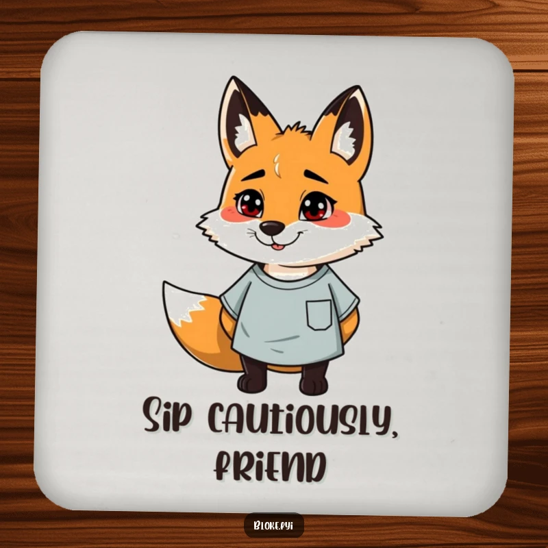 Funny coasters featuring a cheerful, slightly scruffy fox in a casual t-shirt, protecting surfaces with charm.