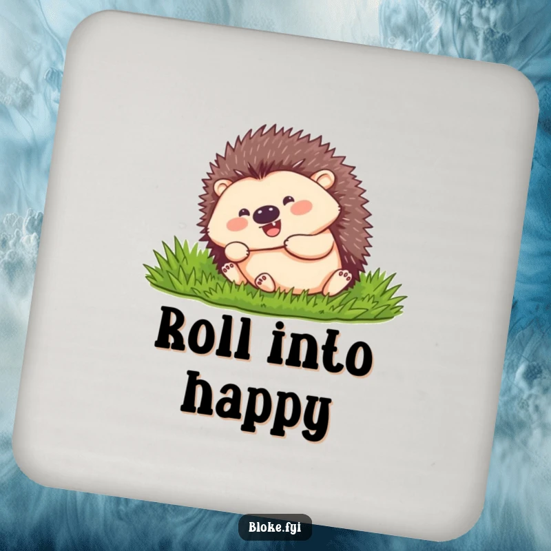 Funny hedgehog with a happy expression, rolling downhill, designed on a drink coaster.