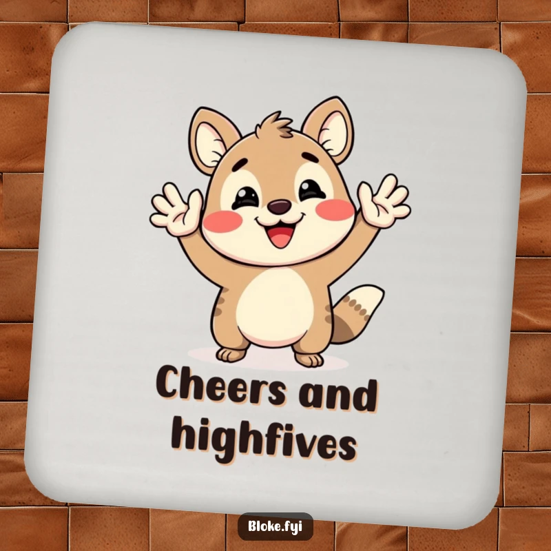 Funny Drink Coasters featuring a happy animal giving an exaggerated high-five, protecting surfaces with cheer.