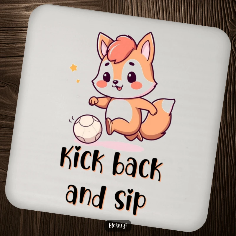 Funny drink coaster featuring a playful animal character with a smile, kicking a small, deflated ball, offering humorous surface protection.